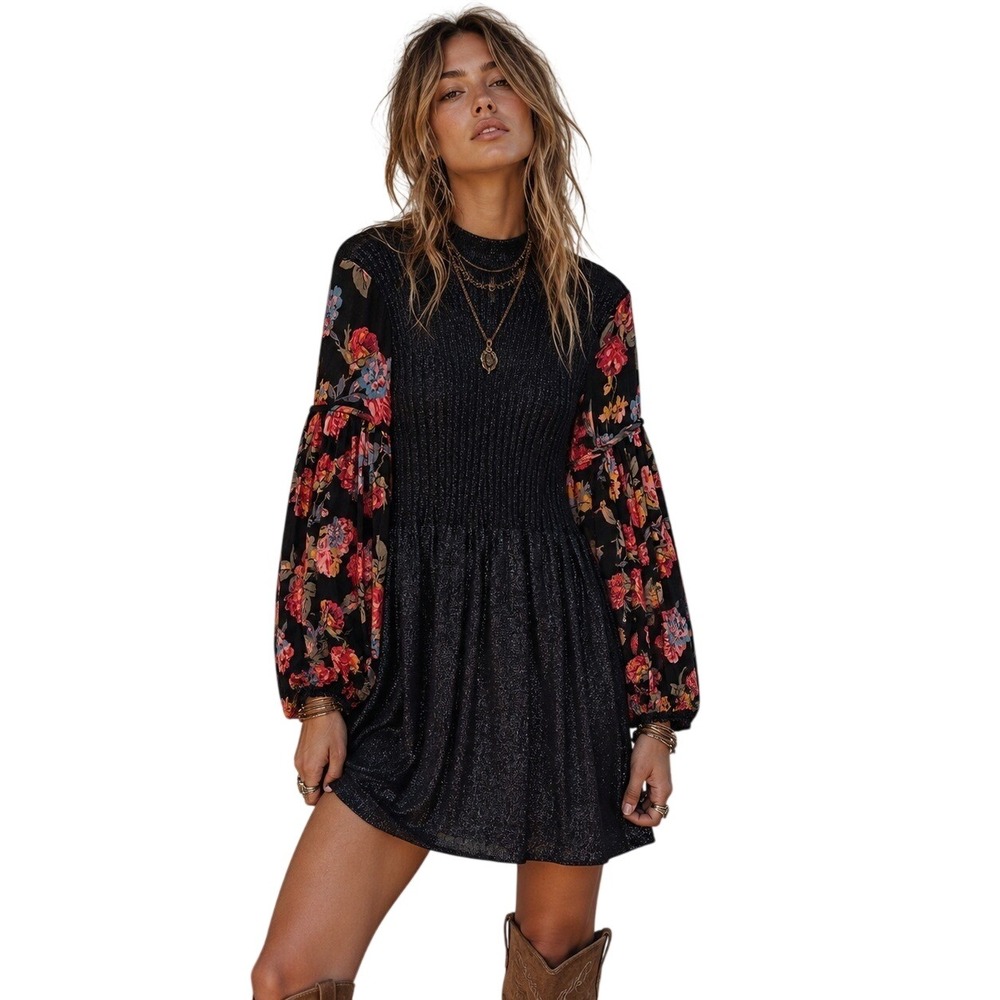 Free People Mixed Media Floral Metallic Ribbed Knit Mini Dress Blue Black Small